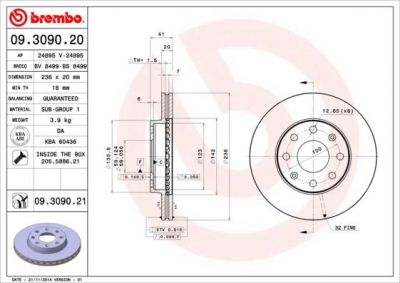 Brembo 09.3090.21 тормозной диск на CHEVROLET AVEO Наклонная задняя часть (T250, T255)