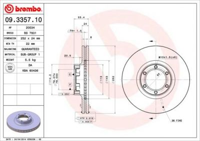 Brembo 09.3357.10 тормозной диск на RENAULT TRAFIC фургон (TXX)