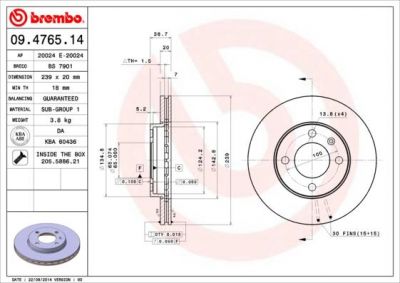 BREMBO Диск тормозной AUDI 80 73-91/GOLF 79-97/PASSAT 81-88 передний D=239мм. (561178J, 09.4765.14)