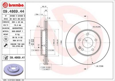 BREMBO Диск тормозной MERCEDES W202 1.8-3.0 93-01 передний вент.D=284мм. крашенные (вместо 09.4869.44) (561697, 09.4869.41)