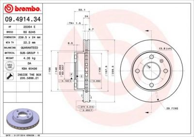 BREMBO Диск тормозной FORD ESCORT 82-90/SIERRA 82-93 передний вент.D=239мм. (561373J, 09.4914.34)