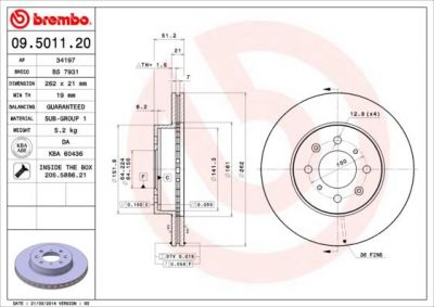 Brembo 09.5011.20 тормозной диск на HONDA ACCORD III (CA)