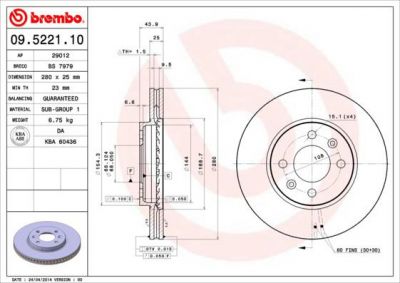 BREMBO Диск тормозной SAAB 9000 84-98 передний вент.D=280мм. (561534, 09.5221.10)