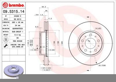 BREMBO Диск тормозной VOLVO 740/760 85-92/940/960 90-98 передний D=280мм. (561512J, 09.5315.14)