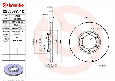 BREMBO Диск тормозной OPEL FRONTERA 92-98/ISUZU TROOPER 84-91 передний вент. (561643J, 09.5577.10)