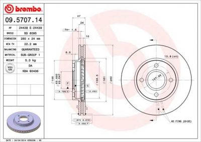 BREMBO Диск тормозной FORD MONDEO 93-00/SCORPIO 93-98 передний D=260мм. (561678J, 09.5707.14)