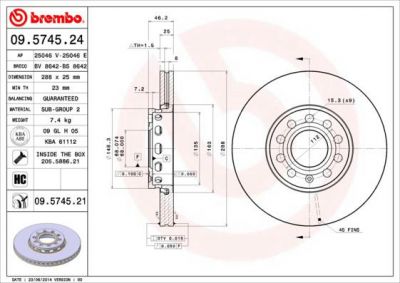 BREMBO Диск тормозной AUDI 100 91>/A4 95>08/A6 95>05/VW PASSAT 97>00 передний вент. (561548J, 09.5745.24)
