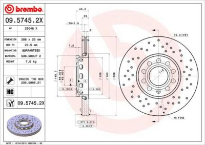 BREMBO Диск тормозной AUDI: 100 90-94, 100 Avant 90-94, A4 95-00, A4 00-04, A4 04-, A4 Avant 95-01, A4 Avant 01-04, A4 Avant 04-, A4 кабрио 02-, A6 94-97, A6 97-05, A6 (09.5745.2X)
