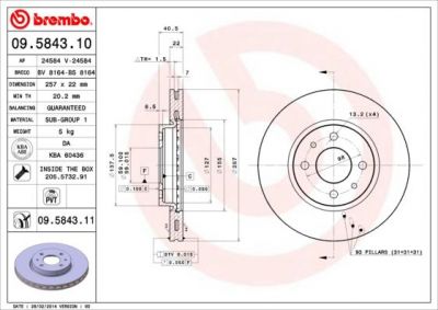 BREMBO Диск тормозной ALFA ROMEO MiTo 1.4i 16V (08->) F (424973, 09.5843.10)