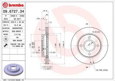 BREMBO Диск тормозной FORD Escort (MK IV) 1.3 (9.90-99) F (561513J, 09.6727.34)