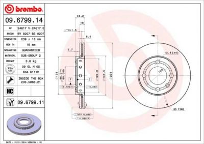 BREMBO Диск тормозной SEAT Arosa 1.4i (97-05) F (6N0 615 301 C, 09.6799.14)