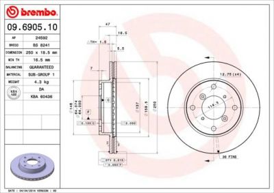 BREMBO Диск тормозной вент. передний SUZUKI SWIFT II Saloon (AH, AJ) (03/89-05/01) F (55311-60B40, 09.6905.10)
