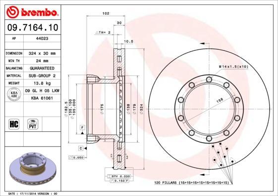 Brembo 09.7164.10 тормозной диск на MAN L 2000