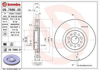 BREMBO 09.7680.21_диск тормозной передний! с покрытием Citroen C8, Peugeot 807 3.0 V6 02> (09768021)