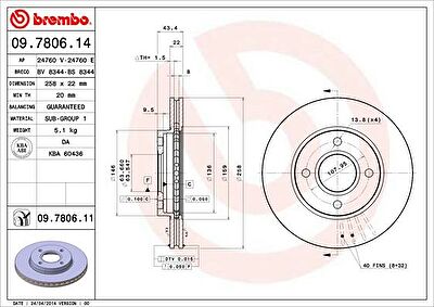 BREMBO Тормозной диск FORD FOCUS 98- 258x22mm (1522230, 09.7806.14)