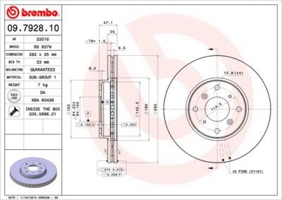 BREMBO Диск тормозной HONDA ACCORD 1.8-2.3 98-03 передний (09.7928.10, 09.7928.10)