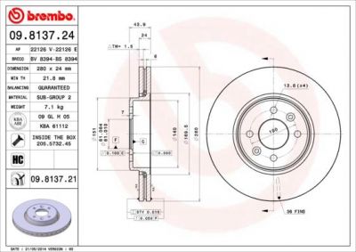 BREMBO Диск тормозной передний RENAULT LAGUNA MEGANE SCENIC 280x24mm (7701208848, 09.8137.24)