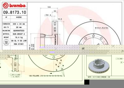 Brembo 09.8173.10 тормозной диск на MAN L 2000