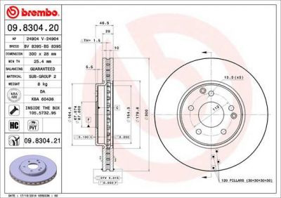 BREMBO Диск тормозной MERCEDES C209/W203/W210/A208/R170/R171 передний вент. (заменен на 09.8304.21) (562034, 09.8304.20)
