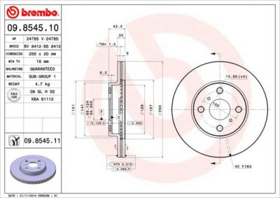 BREMBO Диск тормозной TOYOTA YARIS 1.0-1.5 99- передний D=255мм. (43512-0D050, 09.8545.10)