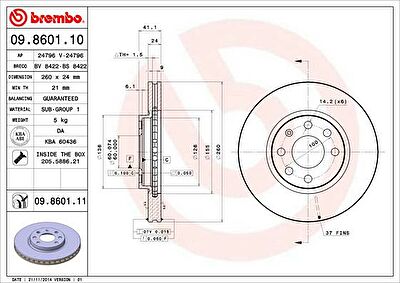 BREMBO Диск тормозной HOLDEN Barina XC 1.4 2/4-Door H/B (4.01->) F (562196J, 09.8601.10)