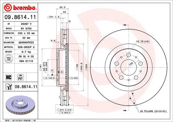 BREMBO Диск тормозной вент. передний VOLVO V70 II Estate (P80_) (03/00-) F (30645222, 09.8614.11)