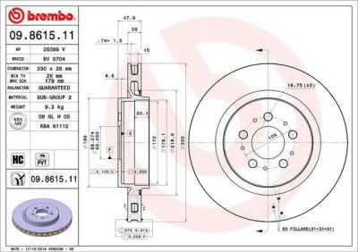 BREMBO Диск тормозной вент. задний VOLVO V70 II Estate (P80_) (03/00-) R (30645223, 09.8615.11)