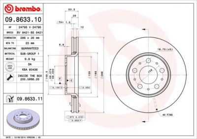 BREMBO Диск тормозной VOLVO S60 01-/S80 99-06/V70 97-/XC70 02- R15 передний D=286мм. крашенные (вместо 09.8633.10) (562244J, 09.8633.11)