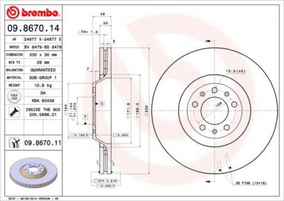 BREMBO Тормозной диск перед. PSA 407/607/C6 2,2-3,0L 04-> (330X30mm) (424944, 09.8670.14)
