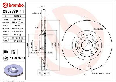 BREMBO Диск тормозной AUDI A4 2.0-3.2 04-/A6 1.8-4.2 97-05/A6 ALLROAD 00-05 передний (8D0615301K, 09.8689.11)