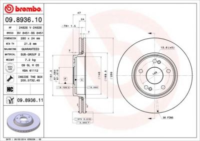 BREMBO Диск тормозной RENAULT LAGUNA II 01-07 передний вент. (562182J, 09.8936.10)