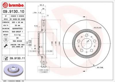 BREMBO Диск тормозной VOLVO S60 00-/S80 98-06/V70 00-/XC70 00- передний D=305мм. крашенные (вместо 09.9130.10) (562173J, 09.9130.11)