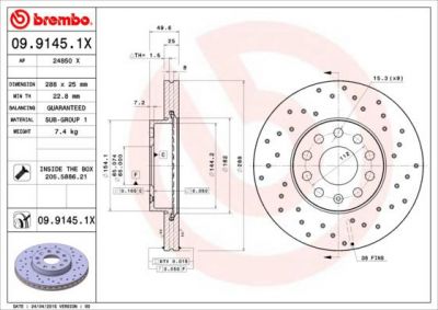 BREMBO Диск тормозной ПЕРФОРИРОВАННЫЙ AUDI A3 04>/VW CADDY 04>/G5/TOURAN 03> пер.вент. (09.9145.1X)