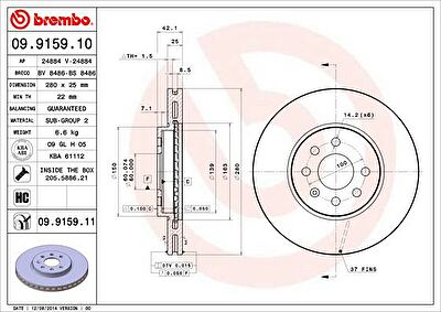 BREMBO Диск тормозной OPEL ASTRA 04-10/MERIVA 03-10 передний (569006, 09.9159.10)
