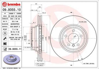 BREMBO Диск тормозной E65/E66 730-760 01- передний D=348мм. крашенные (вместо 09.9355.10) (34116750267, 09.9355.11)