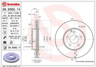 BREMBO Диск тормозной MERCEDES W211 200-320 передний D=295мм. (заменен на 09.9362.11) (2114210712, 09.9362.14)