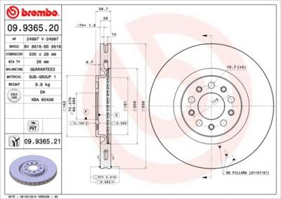 BREMBO Диск тормозной ALFA ROMEO 159 1750 TBi (09->) F (51767383, 09.9365.20)