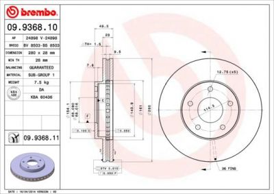 BREMBO Диск тормозной NISSAN X-TRAIL (T30)/MAXIMA QX (A33)/PRIMERA (P12) передний вент. крашенные (вместо 09.9368.10) (402064U107, 09.9368.11)