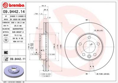 BREMBO Диск тормозной VW MULTIVAN/T5 03-/TOUAREG 02-10 передний D=308мм. (7H0615301D, 09.9442.14)