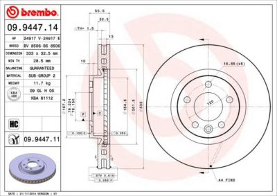 BREMBO 09.9447.11_диск тормозной передний! с покрытием VW T5 2.0-2.5TDi 03> (09944711)