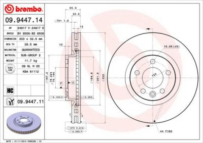 BREMBO Диск тормозной VOLKSWAGEN Multivan (T5) all models (4.03->) F (7H0 615 301 E, 09.9447.14)