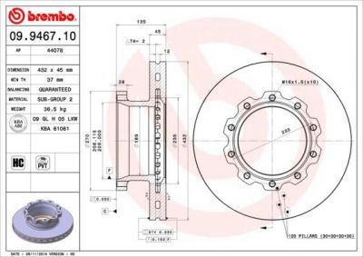 Brembo 09.9467.10 тормозной диск на MAN F 90