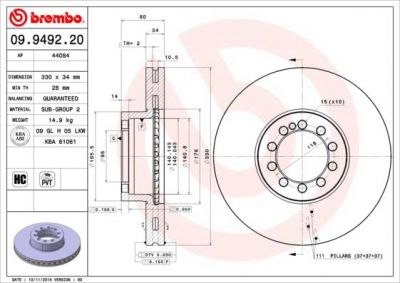 Brembo 09.9492.20 тормозной диск на RENAULT TRUCKS Midlum