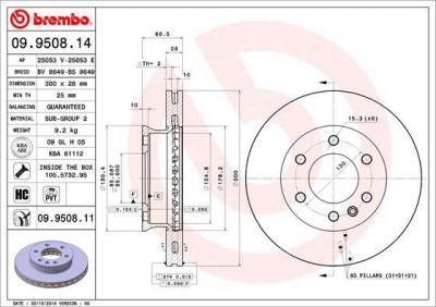 Brembo 09.9508.11 тормозной диск на MERCEDES-BENZ SPRINTER 3,5-t c бортовой платформой/ходовая часть (906)