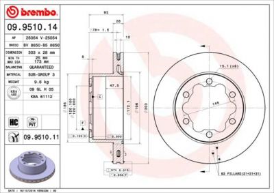 BREMBO Диск тормозной MERCEDES SPRINTER 06>/VW CRAFTER (3/3.5/5t) 06> задний вент. (906 423 01 12, 09.9510.14)