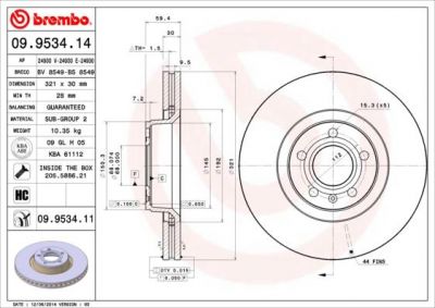 BREMBO Диск тормозной AUDI A6/ALL ROAD 2.7-3.2 01-/A8 2.8-6.0 03-10 передний D=321мм. (4F0615301E, 09.9534.14)