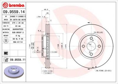 BREMBO 09.9559.11_диск тормозной передний! с покрытием Toyota Corolla 1.8/2.0D-4D 01> (09955911)