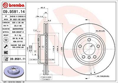 BREMBO Диск тормозной X3 E83 2.0-3.0 04- передний вент. крашенные (вместо 09.9581.14) (34113400151, 09.9581.11)