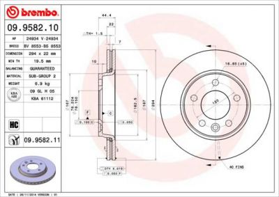 BREMBO Диск тормозной VW MULTIVAN V/TRANSPORTER V 03- задний D=294мм. (09.9582.10, 09.9582.10)