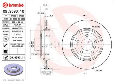 BREMBO Диск тормозной 3 E46 325-330 99-06 задний D=320мм. (заменен на 09.9590.11) (34201166073, 09.9590.10)